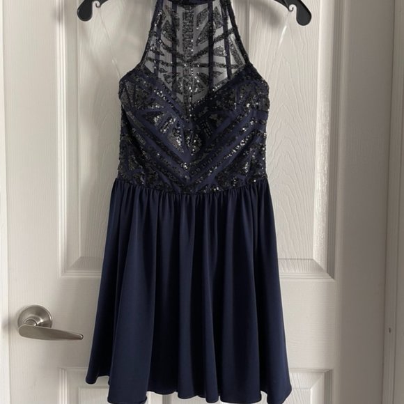 Speechless Halter Sequin Geometric Top Tulle Skater Skirt Dress - Picture 1 of 8